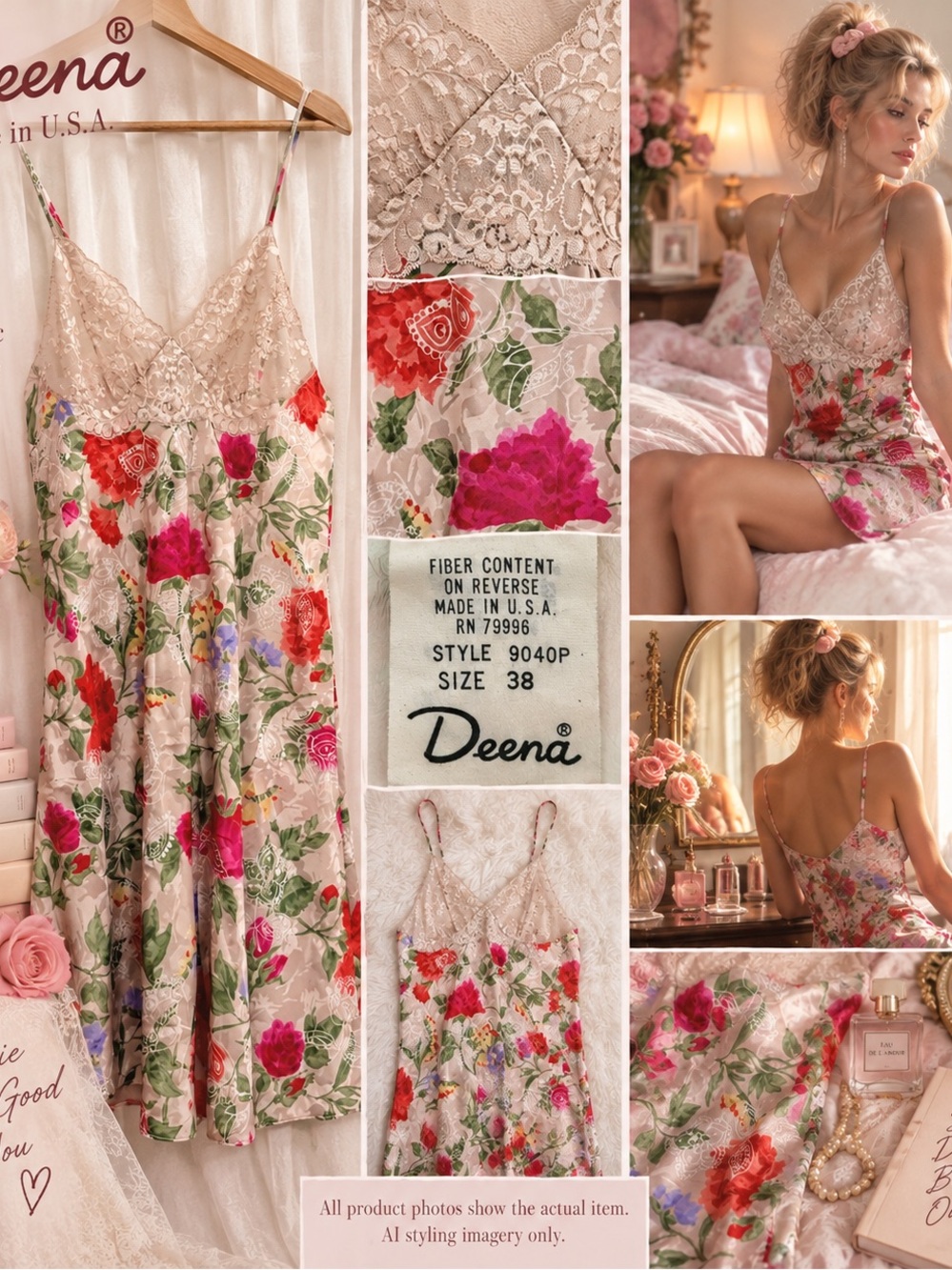 VTG 80s Deena Floral Lace Chemise Slip Dress Nightgown USA Made Sz 38